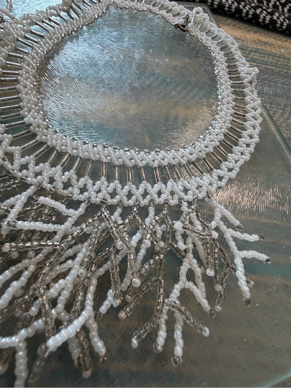 Mermaidcore White & Silver Beaded Coral Branch Fringe Statement Bib Necklace - Picture 4 of 7